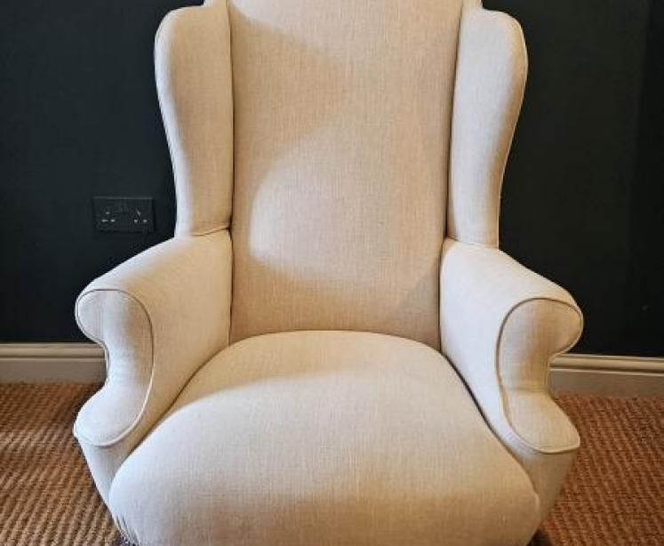 Victorian Linen Covered Wing Arm Chair - Image 2