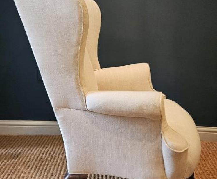 Victorian Linen Covered Wing Arm Chair - Image 5