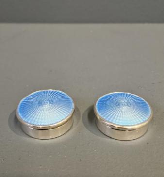 Matching Pair of Silver and Blue Engine Turned Enamel Pill Boxes