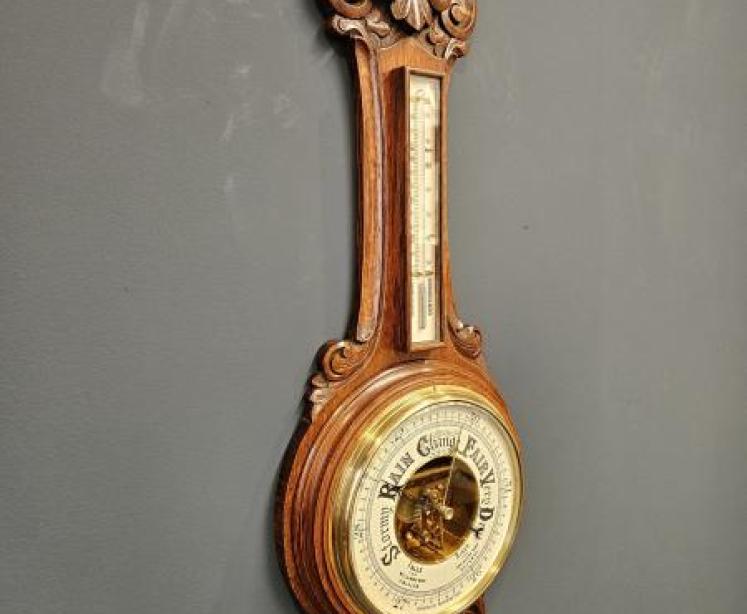 Victorian Carved Oak Banjo Barometer - Image 4