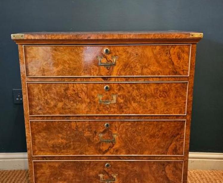 Victorian Edwards and Roberts Shallow Proportioned Burr Walnut Campaign Style Chest - Image 1