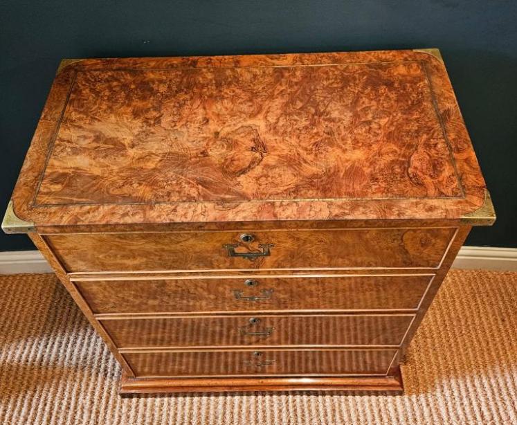 Victorian Edwards and Roberts Shallow Proportioned Burr Walnut Campaign Style Chest - Image 7