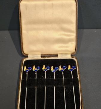 Silver and Enamel Cockerel Cocktail Sticks