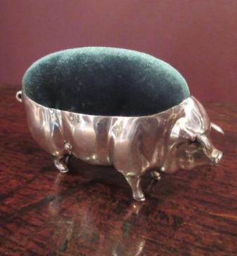 Large Edwardian Period Silver Novelty 'Pig' Pin Cushion