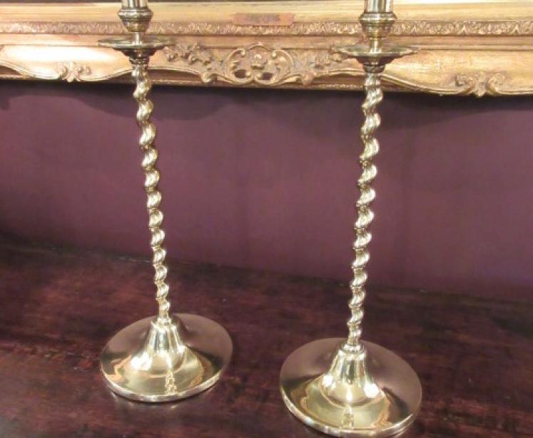 Tall Pair of Mid Victorian Brass Church Candlesticks - Image 1
