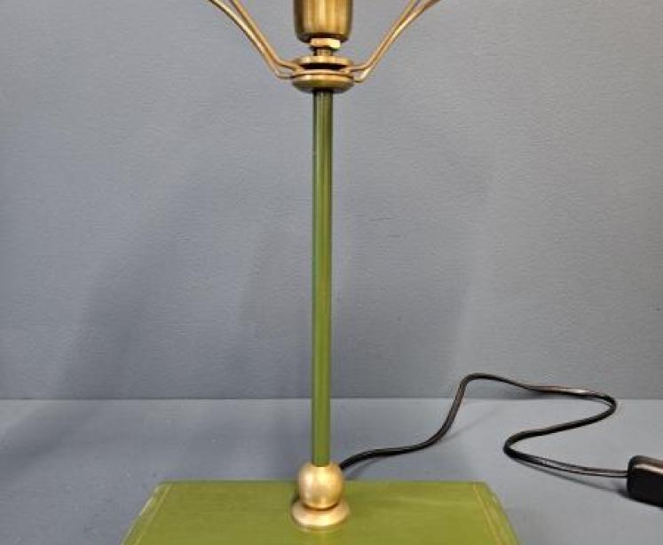 Green and Gilt Edged Wooden Base Table Lamp with Metal Shade.  - Image 2