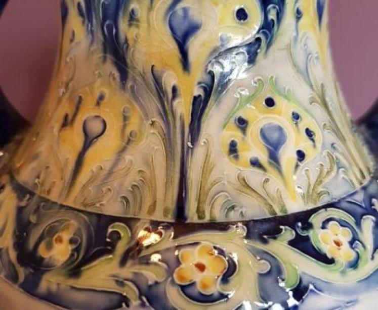 Art Nouveau McIntrye Blue & Yellow Twin Handled Vase - Image 3