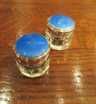 Pair of George V Period Silver & Blue Enamel Jars