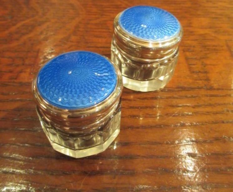 Pair of George V Period Silver & Blue Enamel Jars - Image 1