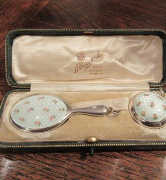 Fine Edwardian Period Silver & Enamel Rouge Pot & Mirror Set