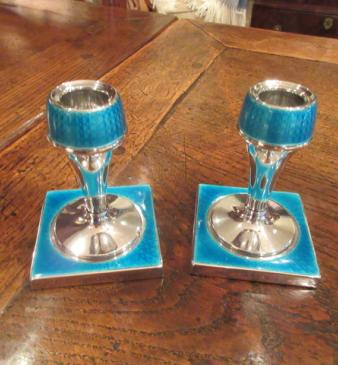 Pair of George V Period Silver & Enamel Candlesticks