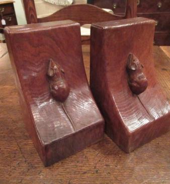 Early Pair of Mouseman Adzed Oak Bookends.c.1940