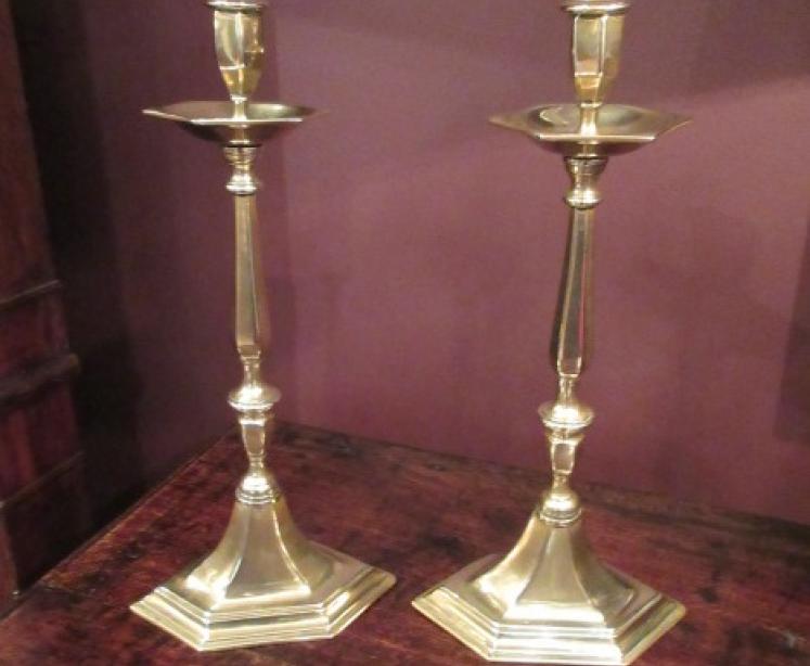 Pair of Mid Victorian Hexagonal Base Brass Candlesticks - Image 1