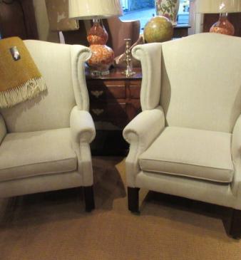 Superb Pair of Victorian Linen Upholstered Wing Armchairs