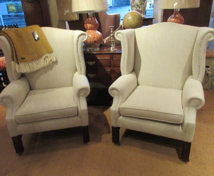 Superb Pair of Victorian Linen Upholstered Wing Armchairs - Image 1
