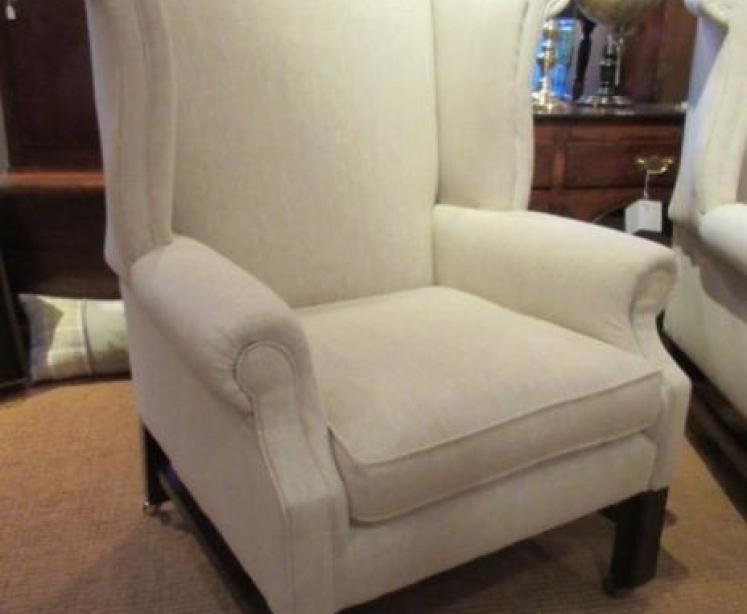 Superb Pair of Victorian Linen Upholstered Wing Armchairs - Image 3