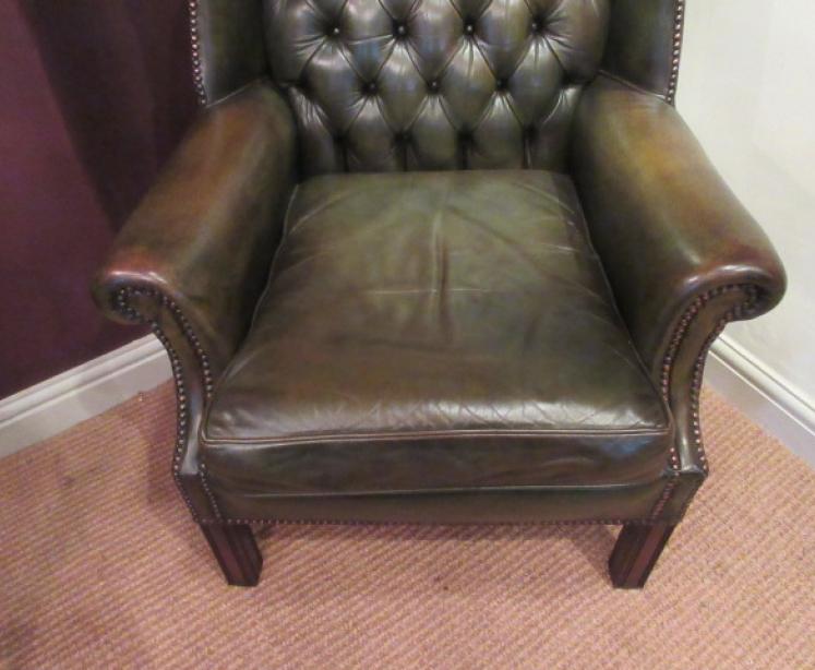 1920's Olive Green Leather Buttoned Wing Armchair - Image 2