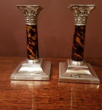 Pair of Silver & Tortoise Shell Column Corinthian Mount Candlesticks