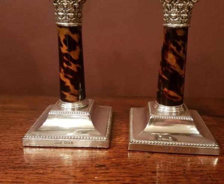 Pair of Silver & Tortoise Shell Column Corinthian Mount Candlesticks - Image 1