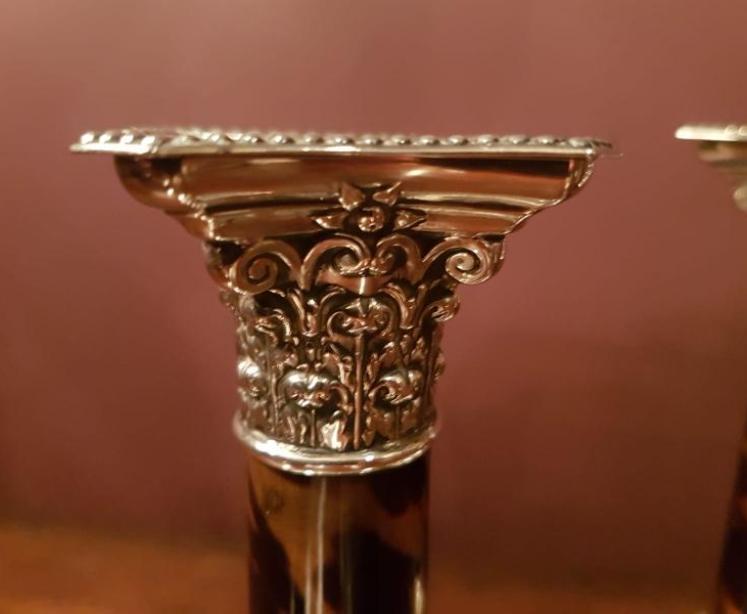 Pair of Silver & Tortoise Shell Column Corinthian Mount Candlesticks - Image 2