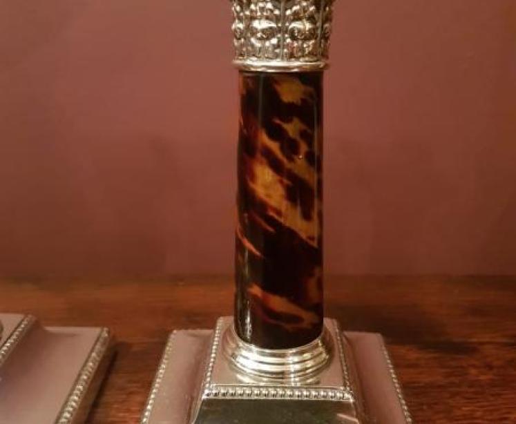 Pair of Silver & Tortoise Shell Column Corinthian Mount Candlesticks - Image 4