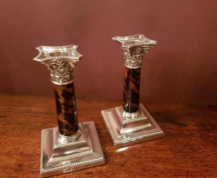 Pair of Silver & Tortoise Shell Column Corinthian Mount Candlesticks - Image 5