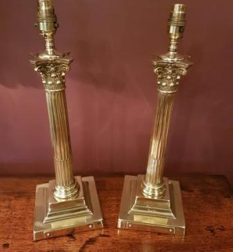 Pair of Edwardian Solid Brass Corinthian Column Table Lamps
