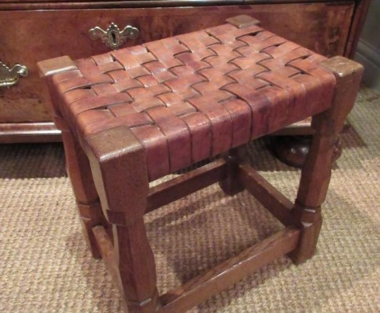 Early 'Beaverman' Adzed Oak Leather Top Stool - Image 5