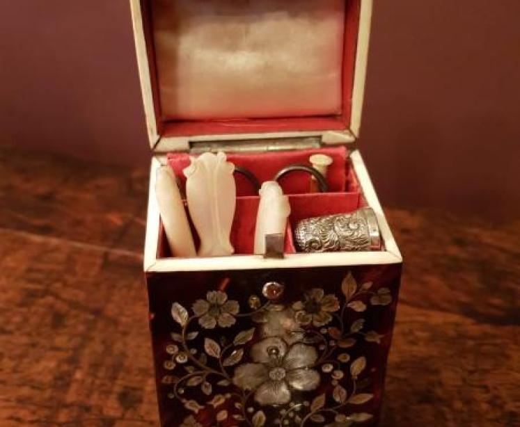 Superb Tortoise Shell and Mother of Pearl Sewing and Manicure Box - Image 2