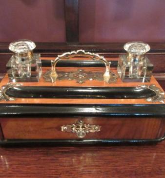 Mid Victorian Antique Walnut & Ebony Inkstand