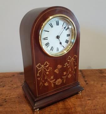 Small Edwardian Period Fruitwood Inlaid Mantel Clock