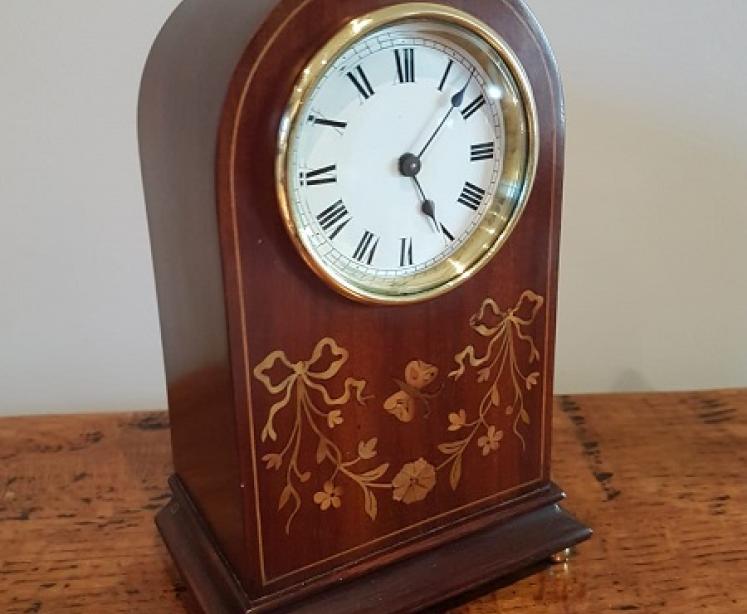Small Edwardian Period Fruitwood Inlaid Mantel Clock - Image 1