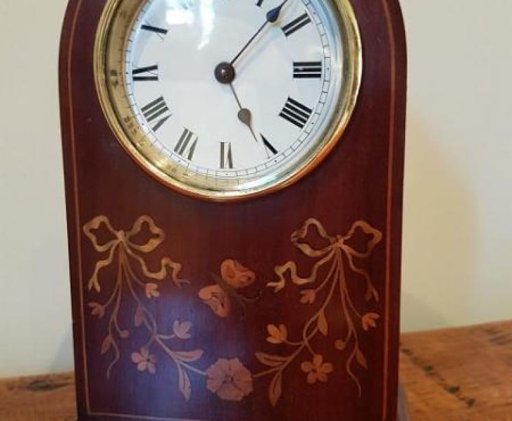 Small Edwardian Period Fruitwood Inlaid Mantel Clock - Image 2