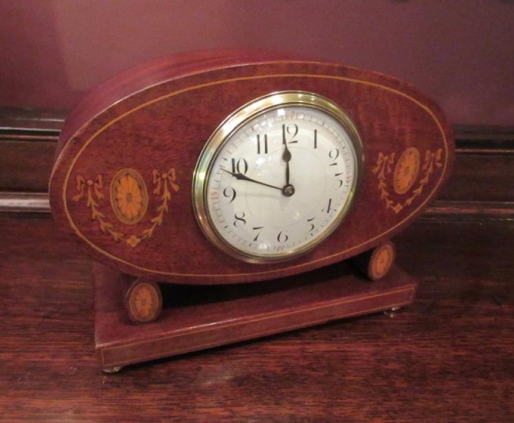 Edwardian Period Sheraton Inlaid Oval Mantel Clock - Image 1
