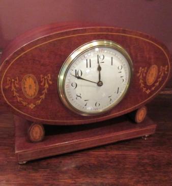 Edwardian Period Sheraton Inlaid Oval Mantel Clock