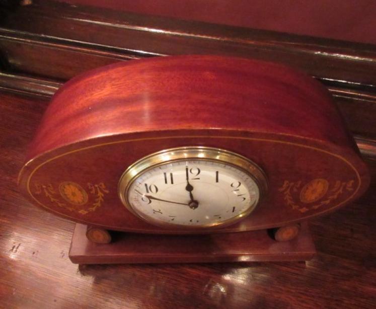 Edwardian Period Sheraton Inlaid Oval Mantel Clock - Image 2