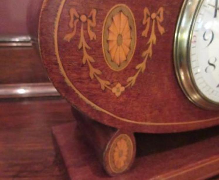 Edwardian Period Sheraton Inlaid Oval Mantel Clock - Image 4