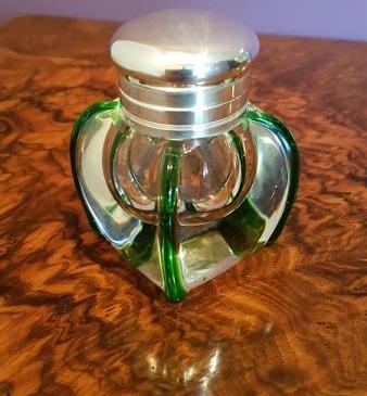 Art Nouveau Antique Silver & Green Flashed Inkwell