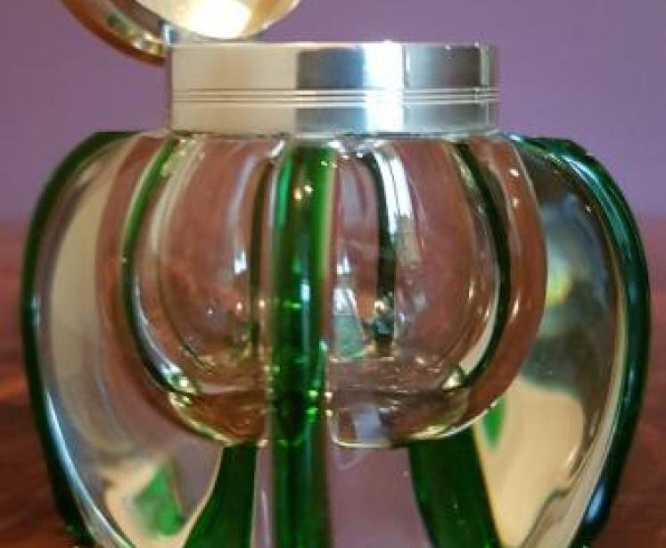 Art Nouveau Antique Silver & Green Flashed Inkwell - Image 3