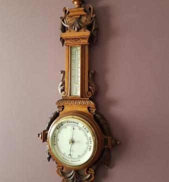 Top Quality Victorian Carved Oak Android Banjo Barometer