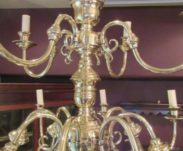 Large Edwardian Antique Polished Brass Two Tier Chandelier - Image 5