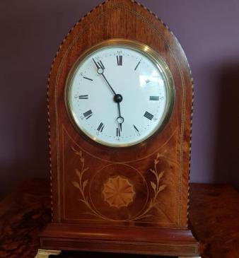 Top Quality Edwardian Inlaid Mahogany Lancet Top Mantel Clock