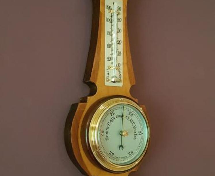 Small Antique Yew & Walnut Cased Banjo Barometer - Image 5