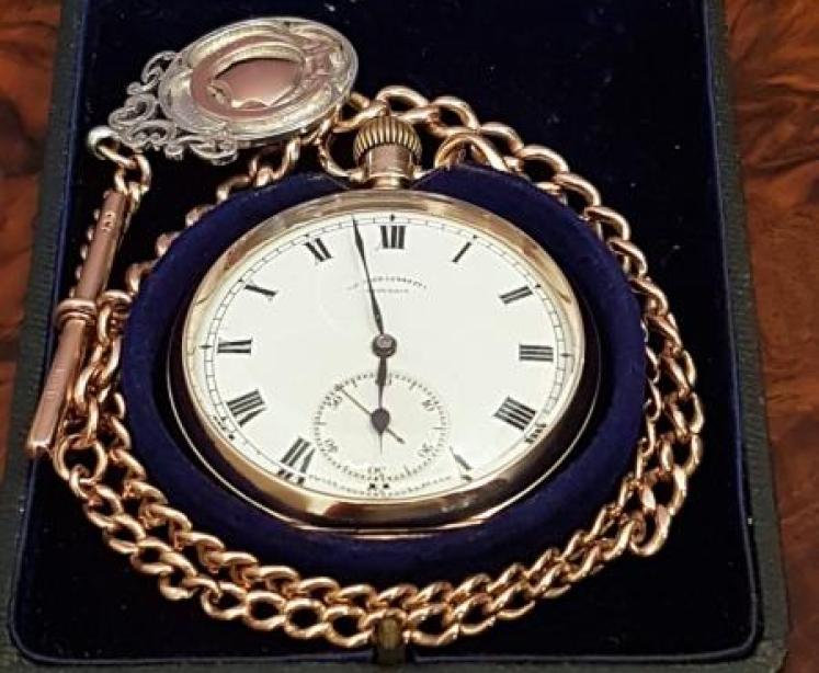   George V 9ct Gold Pocket Watch and Albert - Image 1