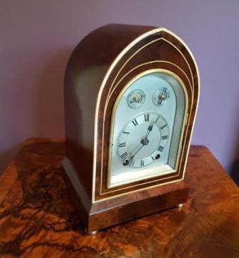 Edwardian Figured Mahogany Lancet Top Quarter Striking Mantel Clock