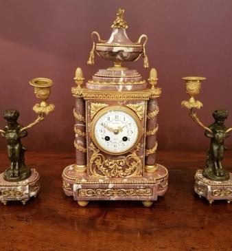 Victorian French Marble Ormalu And Bronze Clock Garniture