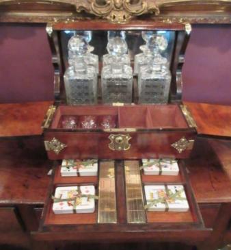Superb Mid Victorian Burr Walnut Games Tantalus