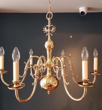Edwardian Polished Brass Six Arm Chandelier