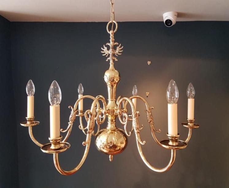 Edwardian Polished Brass Six Arm Chandelier - Image 1