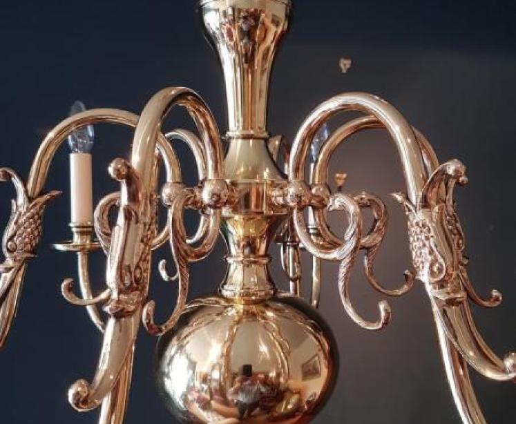 Edwardian Polished Brass Six Arm Chandelier - Image 3